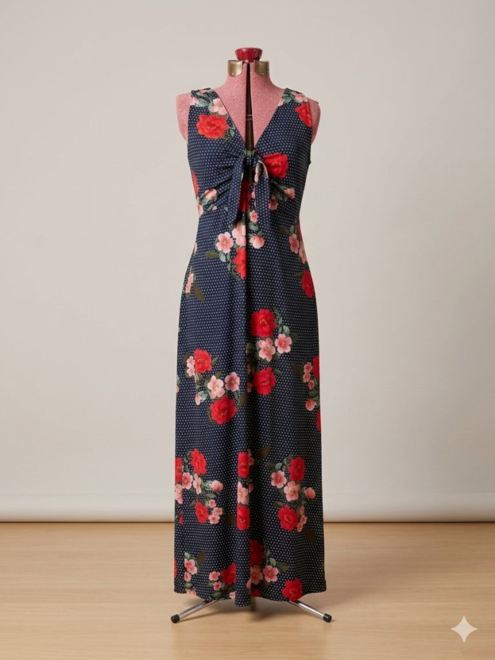 Nina Leonard Navy Polka Dot Floral Tie-Front Maxi Dress - Size L